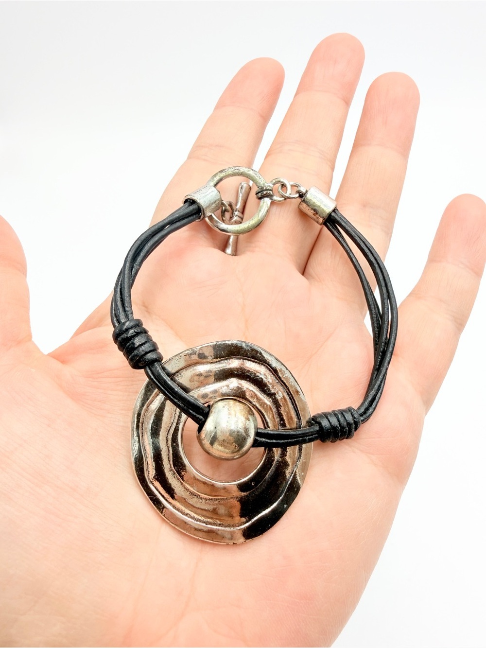 Vintage Silver Tone Hammered Disc Black Leather Statement Bracelet